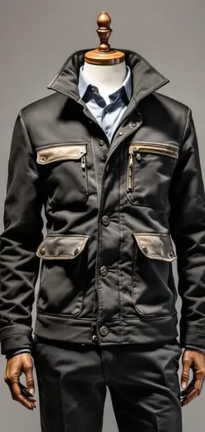 Black mid-range utility jacket with leather accents and multiple pockets