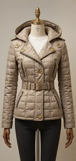 Beige quilted jacket with golden buttons and belt