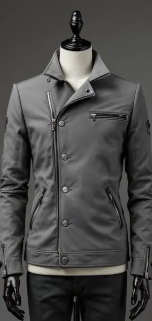 Grey leather jacket with asymmetric zippers and button details on a mannequin
