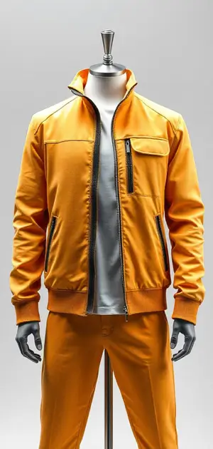 Bright orange mid-range jacket with a zip-up front and matching trousers
