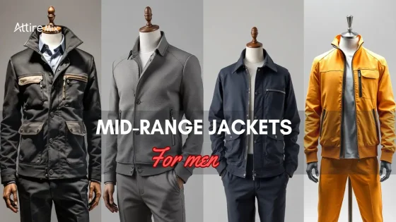 Four mid-range jackets for men in various colours and styles displayed on mannequins