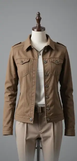Tan utility jacket with chest pockets on a mannequin