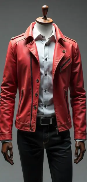 Red leather jacket with zipper details, styled with a white shirt and black jeans on a mannequin