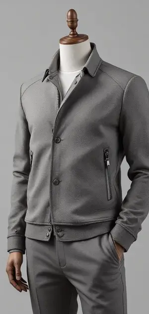 Light grey mid-range jacket with button closures and side zip pockets