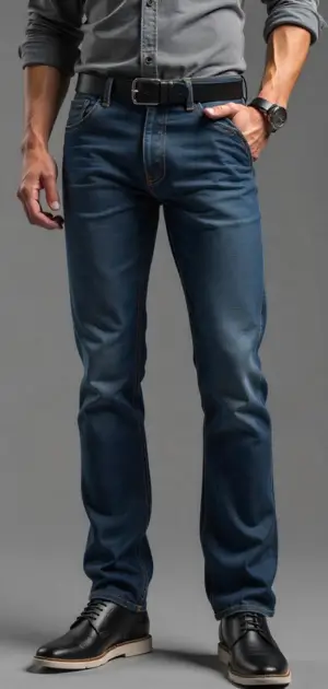 Man wearing slim-fit light blue jeans with a black belt and black shoes