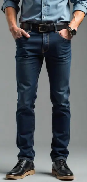 Man in slim-fit faded blue jeans with a black belt and casual black shoes