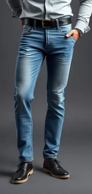 Man in deep blue straight-fit jeans with a black belt and black leather shoes