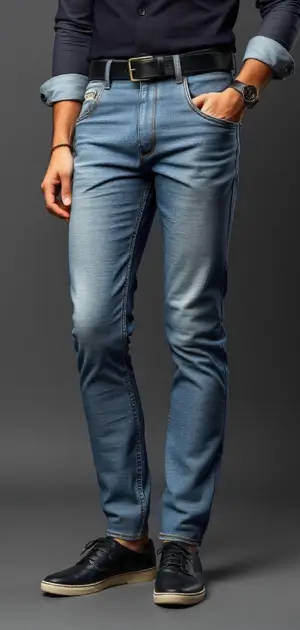 Man in dark blue slim-fit jeans with a black belt and black dress shoes
