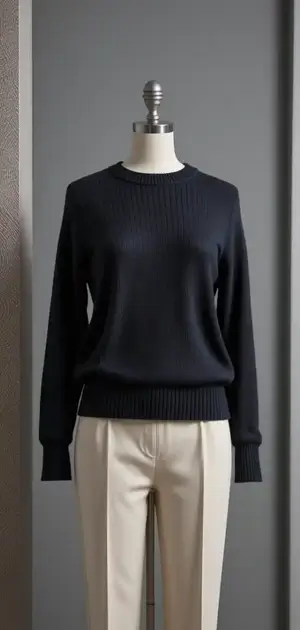 Mannequin wearing a classic black sweater and beige trousers