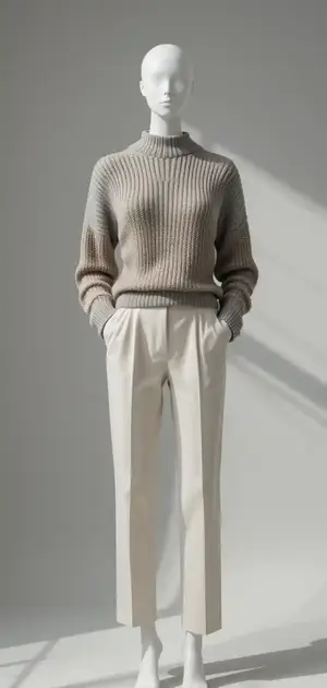 Mannequin in a taupe ribbed sweater and cream trousers
