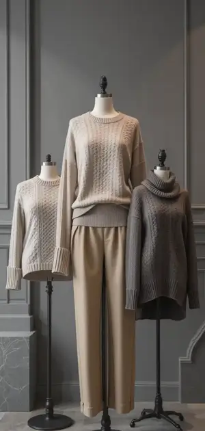 Collection of three knitted sweaters in neutral tones displayed on mannequins