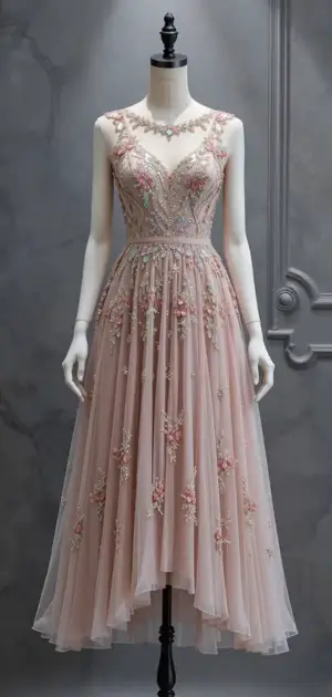 Pink embroidered midi dress on a mannequin.