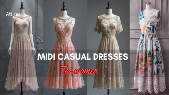 Four varied styles of Midi Casual Dresses For women displayed on mannequins