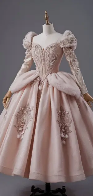 Pink midi dress with silver embroidery and puff sleeves