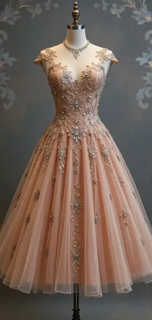 Peach midi dress with floral embroidery and cap sleeves