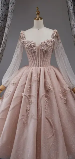Blush pink midi dress with floral embroidery and sheer sleeves