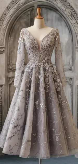 Lavender midi dress with deep V-neck and intricate silver embroidery