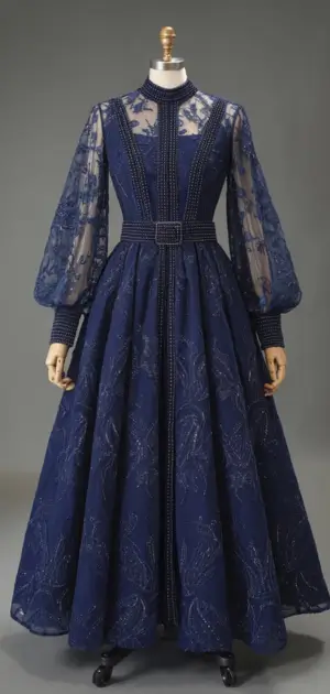Navy blue midi dress with transparent lace sleeves and embroidered corset