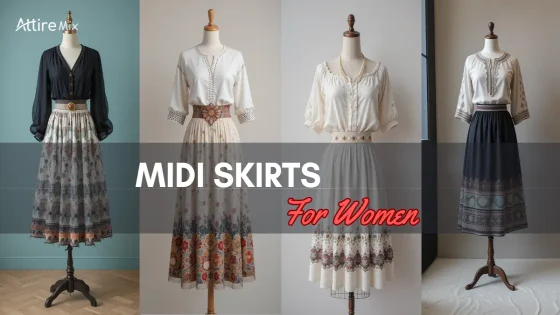 A selection of vintage-inspired midi skirts paired with elegant blouses.
