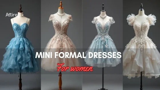 Collection of four mini formal dresses for women.