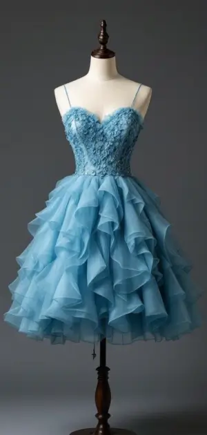 Elegant blue mini dress with tiered ruffles.
