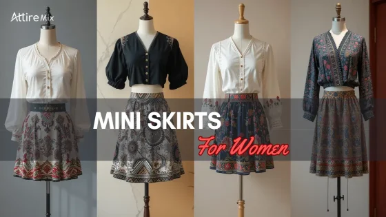 A display of mannequins dressed in mini skirts and blouses.