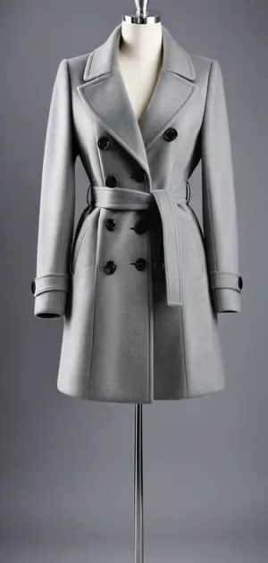 classic grey belted coat gracefully shown on a mannequin