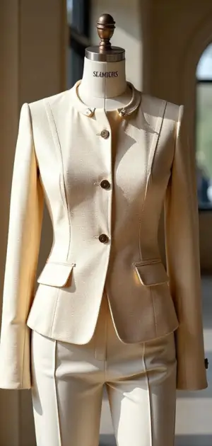 Beige suit jacket and pants on display