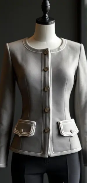 Silver-grey jacket with button detailing on mannequin