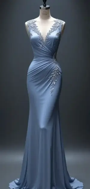 Sleek blue maxi dress with side embellishments