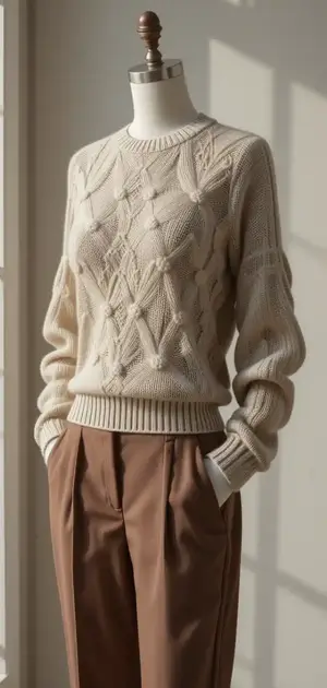 Detailed knit white sweater and beige trousers on display