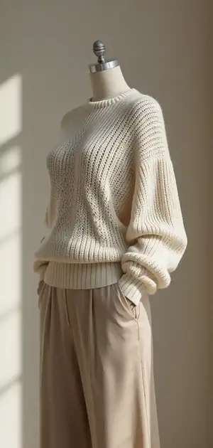 Textured white sweater with beige pants on mannequin