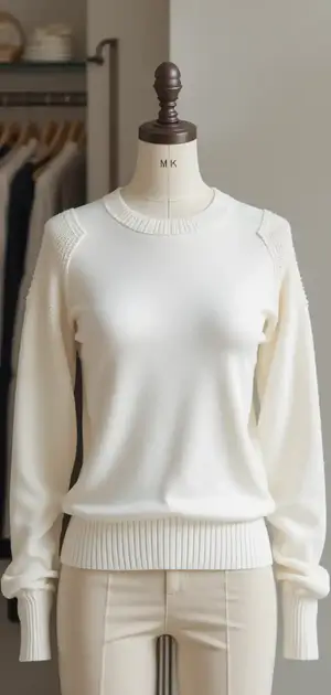 Classic white sweater on mannequin with cream trousers
