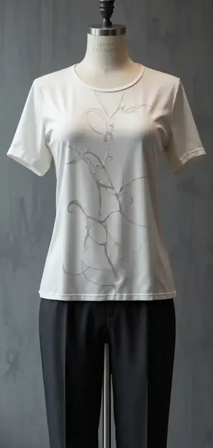 Mannequin in a white T-shirt with a simple vine design and black pants