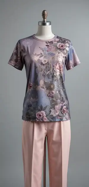 Mannequin dressed in a floral print T-shirt and pink trousers