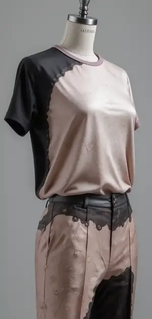 Mannequin displaying a two-tone T-shirt with black and beige