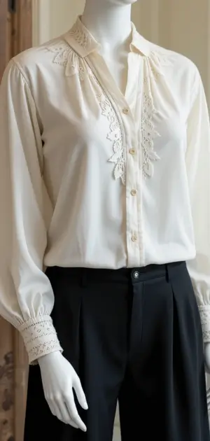 A women’s cream blouse with lace details, cuffed long sleeves, and a tailored fit.
