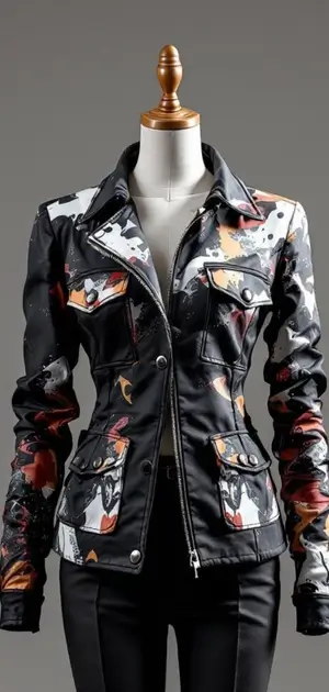 Sleek jacket featuring an autumnal camouflage print
