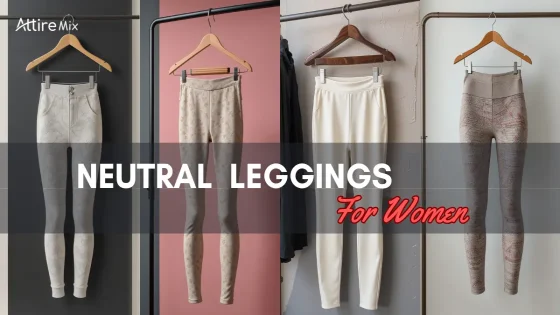 Neutral-toned leggings for women in various styles displayed on hangers against colourful backdrops.