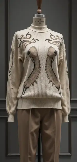 Beige sweater with botanical print and beige trousers