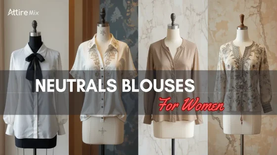 A collection of women’s neutral blouses in white, beige, and taupe tones.