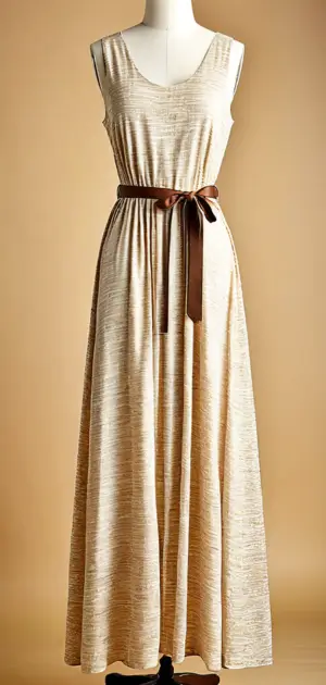 Neutral maxi dress with geometric border and black belt