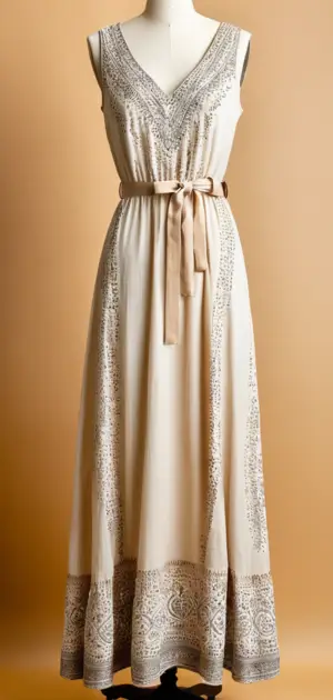 Cream maxi dress with v-neck and black sash