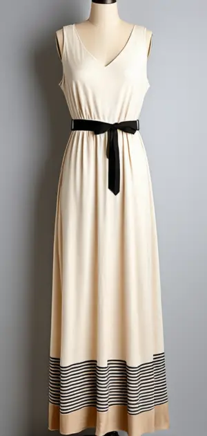 Ivory maxi dress with lace detailing and tan belt