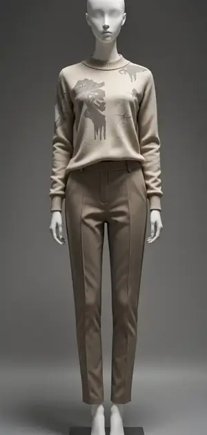 Ivory sweater with intricate abstract patterns and beige trousers