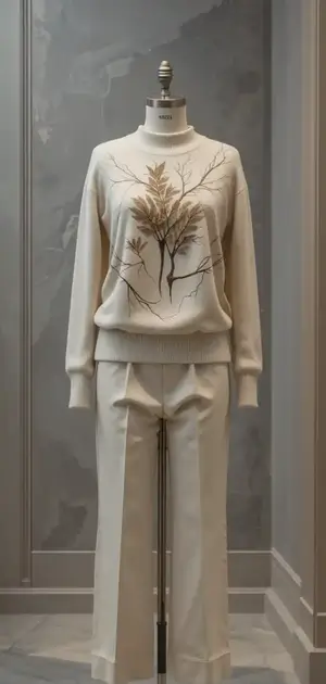 Neutral sweater with leaf embroidery and beige trousers