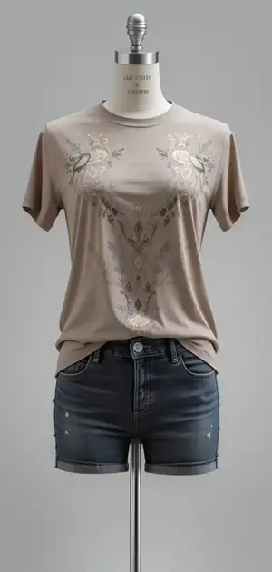Neutral t-shirt with delicate floral embroidery on mannequin