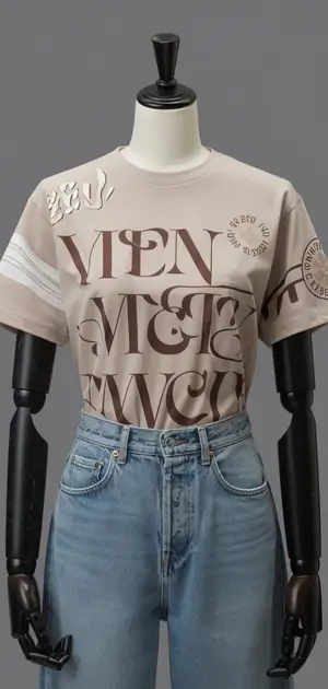 T-shirt with 'VIEN MÉTAMORC' in swirling script on display