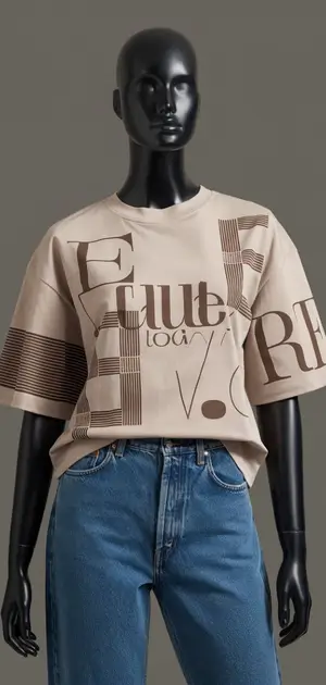 Neutral t-shirt with geometric text design on black mannequin