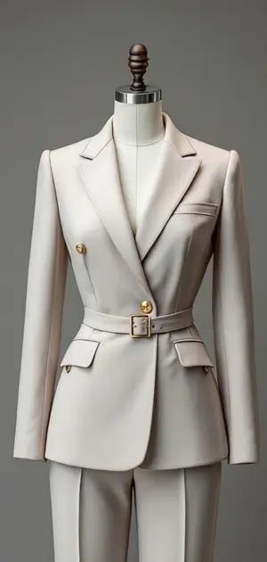 Light grey blazer with a double-breasted design and belt for women